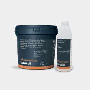 Microresina – Micro‑resina all’acqua colorata con finitura laccata opaca per il re‑design di tutti gli elementi di arredo, pavimenti e rivestimenti in ceramica e parquet.